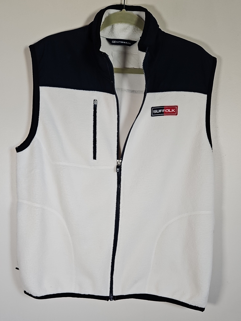 Cutter & Buck Mens LG Cascade Sherpa Fleece Zip Vest Pockets White Navy